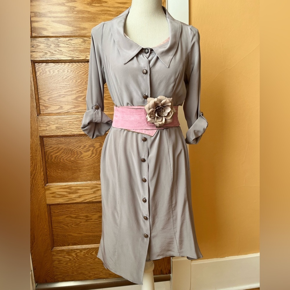 LOVEMATTERS Designer Silk & Leather Belted Shirt Dress Size Small